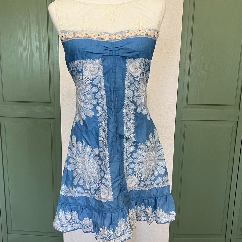 Free People Strapless Blue and White Dress